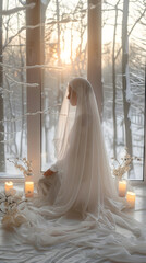 Beautiful bride in white wedding dress with veil sitting on windowsill in winter forest