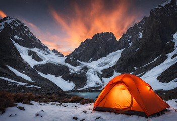 Glowing orange tent camping in the mountains in front of majestic mountain range