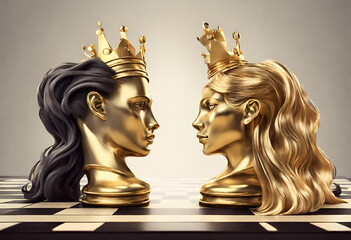Golden king and queen of chess game in unique style