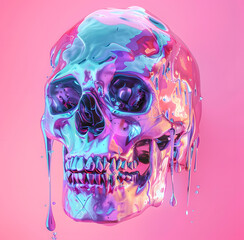 Holographic skull with dripping paint isolated pink background