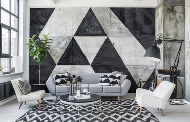 Modern interior design with black and white geometric patterns and concrete-style wall accents