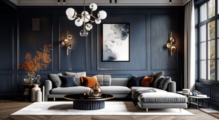 Modern interior design with dark blue walls, black coffee table and decorative vases on the floor. - obrazy, fototapety, plakaty