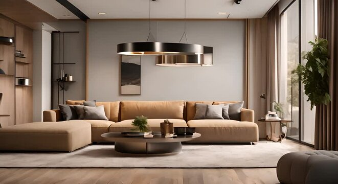 Modern interior of apartment home design living room with sofa hall with door 3d animation rendering