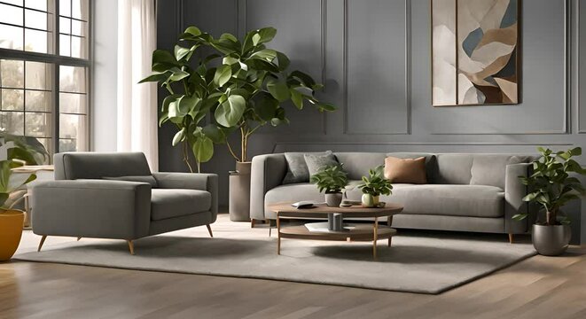 Modern interior of apartment living room with grey sofa armchair coffee tables and plant home design 3d animation rendering