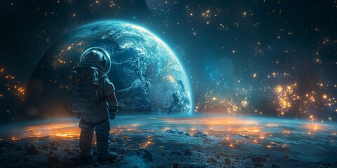 In the vast cosmos, an astronaut in a space suit observes Earth's wonders. - obrazy, fototapety, plakaty