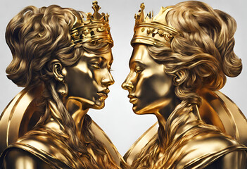 Golden king and queen of chess game in unique style