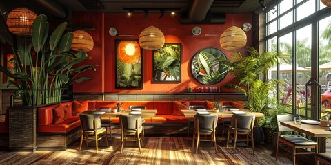 An elegant interior design in a modern restaurant, featuring stylish furniture, and ambient lighting. - obrazy, fototapety, plakaty
