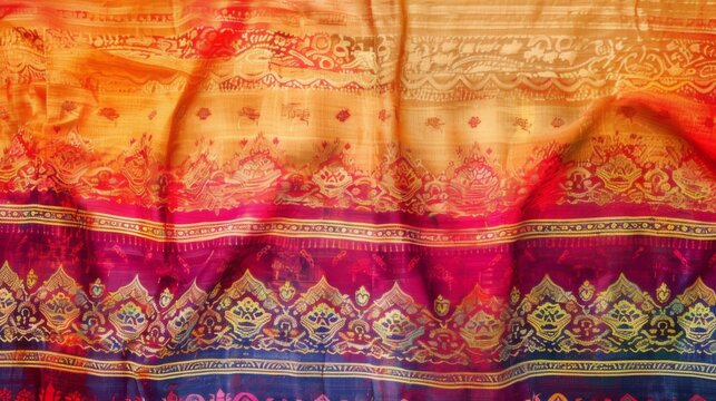 Indian fabric pattern. Traditional oriental beautifully folded textile with ornaments
