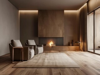 Modern interior design with fireplace, armchairs and wooden floor in a brown color