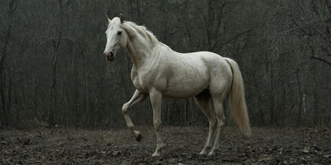 Beautiful white horse in the foggy forest.