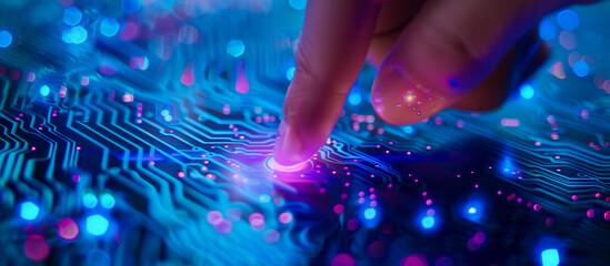 finger touching a digital circuit board. advanced biometric technology and cyber security concept background