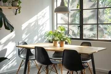 Fototapeta premium Modern dining room interior with simple wooden table, black chairs by the window and plants on the white wall
