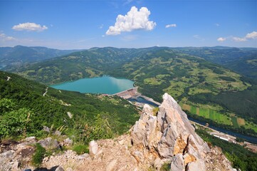 Lake Perucac and the dam viewed from Tara mountain above panorama.