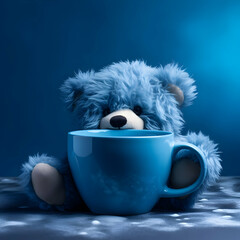 Blue teddy bear looking sad. blue monday concept, generative ai
