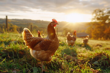 A flock of chickens graze in a farmer's field at dawn