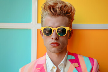 A man in a yellow jacket stands in front of a yellow wall. Young male model posing with trendy man fashion outfit and colorful pastel mood optical art abstract background.