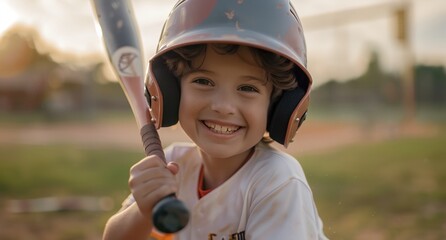 A young boy is smiling and holding a baseball bat