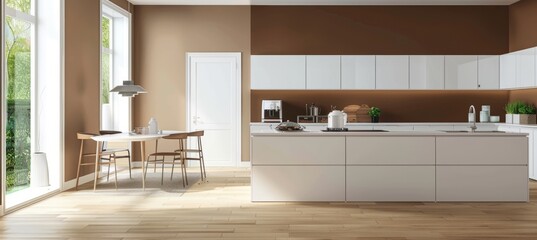 Modern kitchen with white cabinets, light wood floors and brown walls. There is an island bar for dining in the center of the room