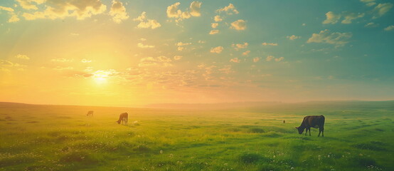 Cows in the meadow in the morning in the fog. the concept of a rural life and farming banner with copy space - obrazy, fototapety, plakaty