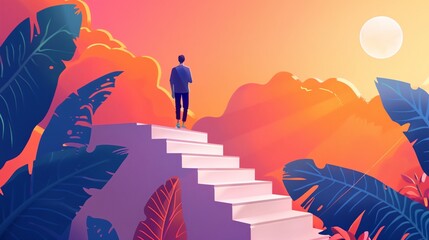a person standing on a set of steps in front of a sunset - obrazy, fototapety, plakaty