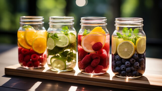 a row of mason jars filled with different types of fruits
