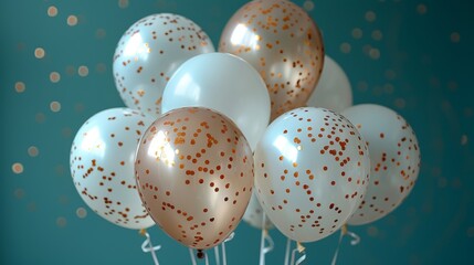 a bunch of white and gold balloons with gold confetti on them, against a teal blue background.