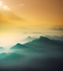 Mountain landscape with fog at sunset. 