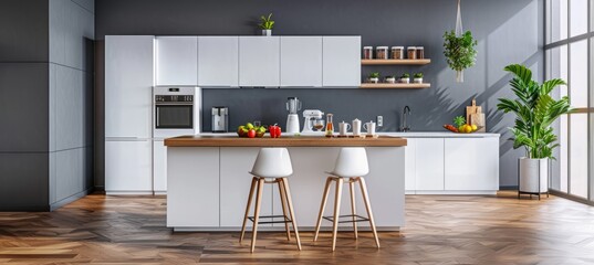 Modern kitchen with white cupboards, wooden table and light brown wooden floor, gray wall background - obrazy, fototapety, plakaty