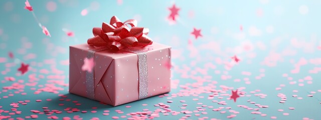 a present box with a pink ribbon and a bow