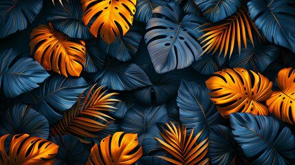 Background illustration of tropical leaves, black and gold. Generative AI