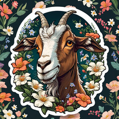 Close-up Portrait of Fainting Goat with Floral Sticker on Dark Background Gen AI