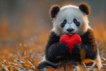 Adorable panda embraces a plush heart amidst its natural habitat, radiating charm and affection