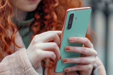 a close-up of a person's hands holding a mint-green smartphone. The person's curly red hair is in the background, adding a warm contrast to the cooler tones of the phone