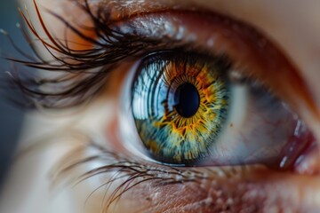 a close-up of a human eye, with the iris taking center stage. The fine eyelashes and the varied colors within the iris create a captivating and detailed portrait of the eye