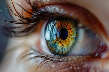 Deurstickers a close-up of a human eye, with the iris taking center stage. The fine eyelashes and the varied colors within the iris create a captivating and detailed portrait of the eye © romanets_v