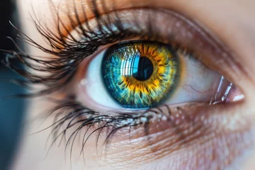 Gordijnen a close-up of a human eye, with the iris taking center stage. The fine eyelashes and the varied colors within the iris create a captivating and detailed portrait of the eye © romanets_v