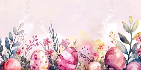 a painting of a bunch of eggs in a row with plants and flowers around them on a pink background