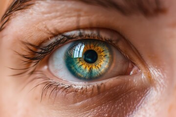 Obraz premium A close-up of a person's eye, showing detailed textures of the skin, the iris, and the eye's white. The person's eye color is a mix of brown and a bit of green, with a dark pupil in the center