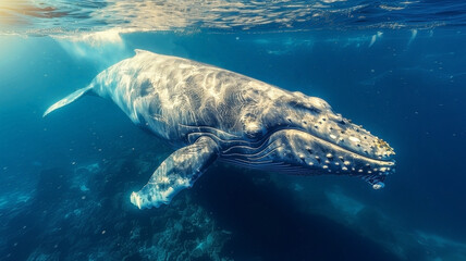 An underwater view of a humpback whale gliding gracefully, with sunlight filtering through the water.