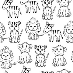 Kids seamless pattern with cute wild animals in doodle style