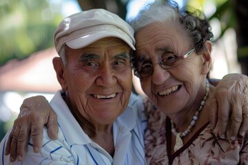 Obraz premium elderly couple, with a man wearing a white cap, smiling and embracing, radiating warmth and companionship. They appear to be enjoying a sunny day, with a bright and airy backdrop suggesting an outdoor