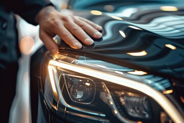 A close-up of a man's hand resting on the smooth surface of a car, just above the headlight. The image might suggest a sense of ownership or appreciation for the car's design