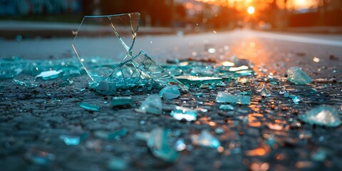 Shattered glass fragments lie scattered on the ground after an accident. Concept Accident, Shattered Glass, Debris, Ground, Fragments