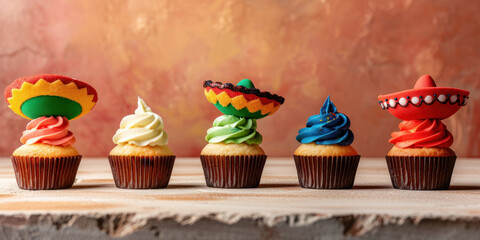 An array of cupcakes each topped with a tiny sombrero, useful for showcasing Cinco de Mayo-themed desserts or for use in event catering promotion.