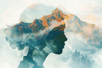 a creative double exposure where the silhouette of a woman's face is superimposed on a mountainous landscape, blending the natural world with human elements in an artistic manner - obrazy, fototapety, plakaty