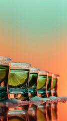 A vibrant row of green tequila shots with salt on the rim and lime, perfect for festive drink menus or advertising happy hour specials for Cinco de Mayo.