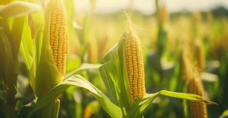 Corn field, close-up on the cob - obrazy, fototapety, plakaty