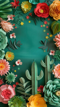 An intricate display of paper cacti and flowers in rich colors on a dark teal background, excellent for Cinco de Mayo-themed arts and crafts content or creative event backdrops