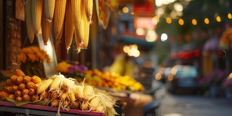 A colorful street corn stand with hanging elotes, creating a festive mood suitable for food markets or cultural festivals. - obrazy, fototapety, plakaty