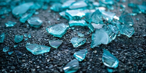 Glass fragments lie scattered on the ground, shattered after an accident. Concept Accident, Broken Glass, Shattered, Debris, Fragments - obrazy, fototapety, plakaty